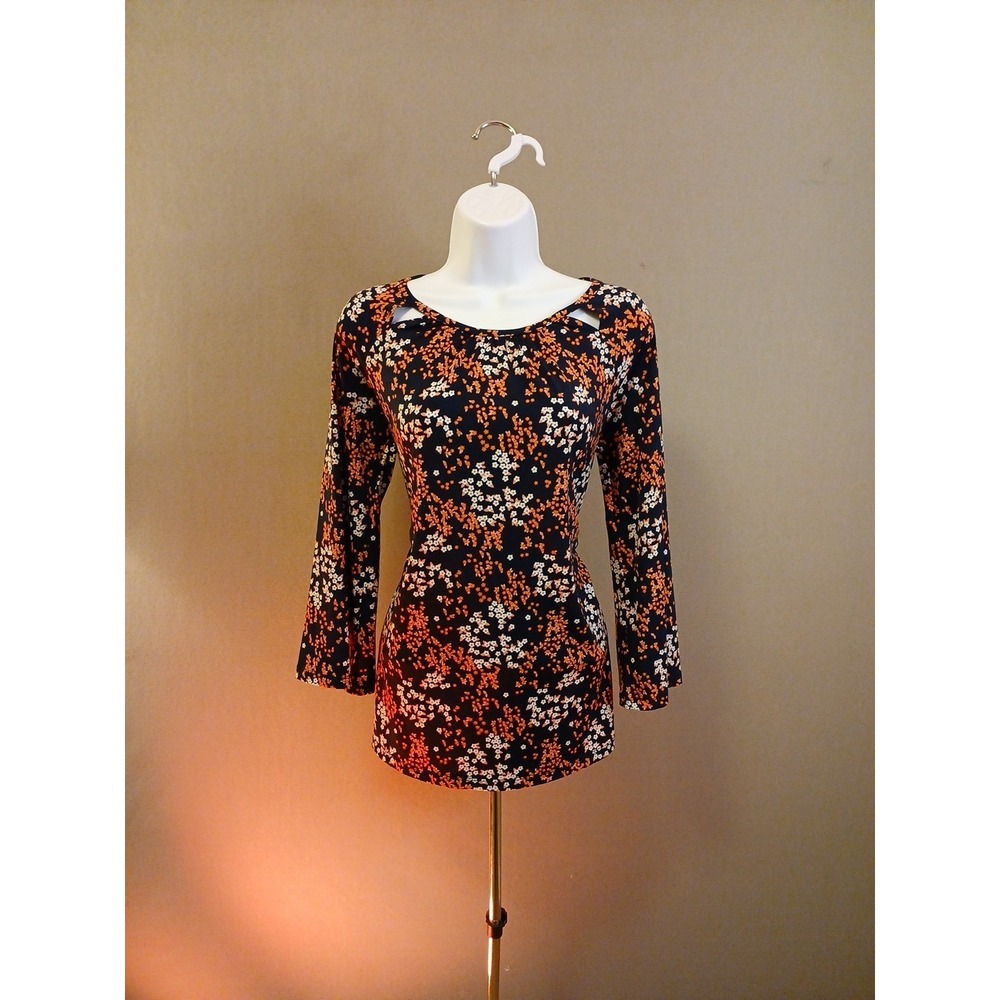 MICHAEL KORS Navy Floral Top Size Petite S Long Sleeves with Ties Beautiful